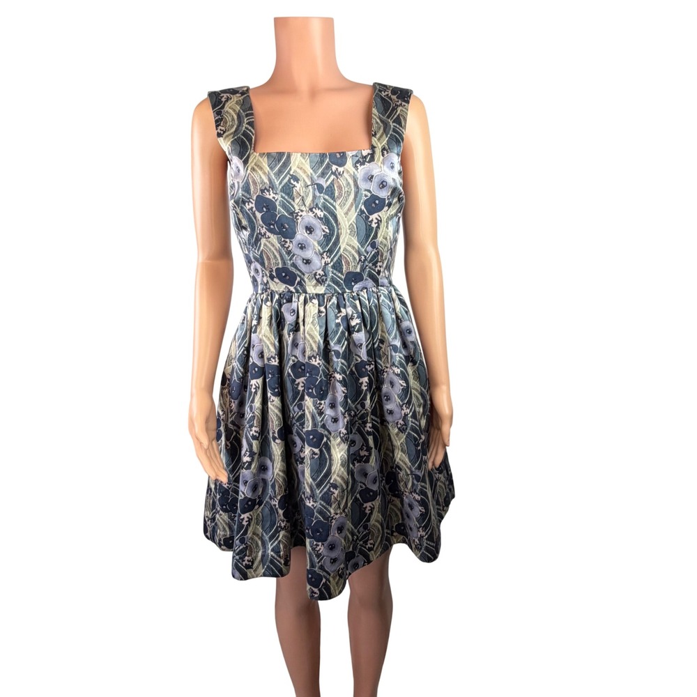 SUNO Cotton Silk Fit & Flare Dress Blue Floral Square Neck Open Back Size S